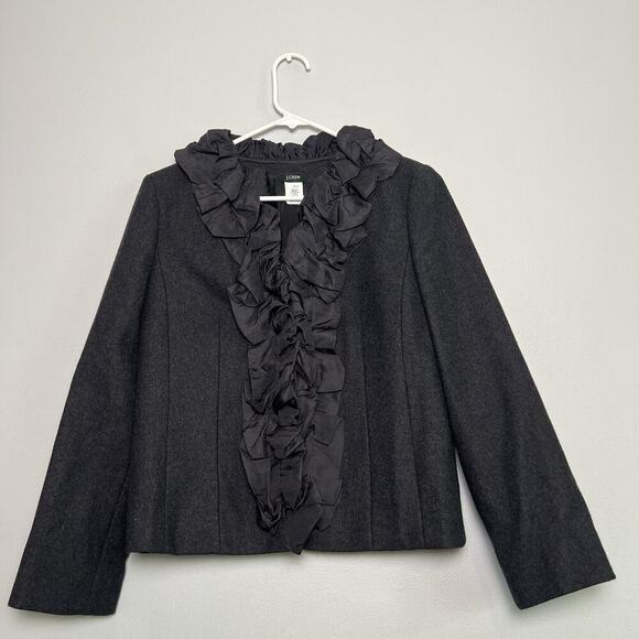 J.CREW Jackets & Blazers - J Crew Womens Chimera Blazer Wool Silk Ruffle Trim Charcoal Gray Sz 4 office